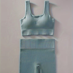 Women's Ribbed U Neck Sports Bra & Shorts Set for Yoga & Fitness
