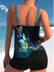 Tie Dye & Butterfly Print Tankini Set Women's Two Piece Swimsuit