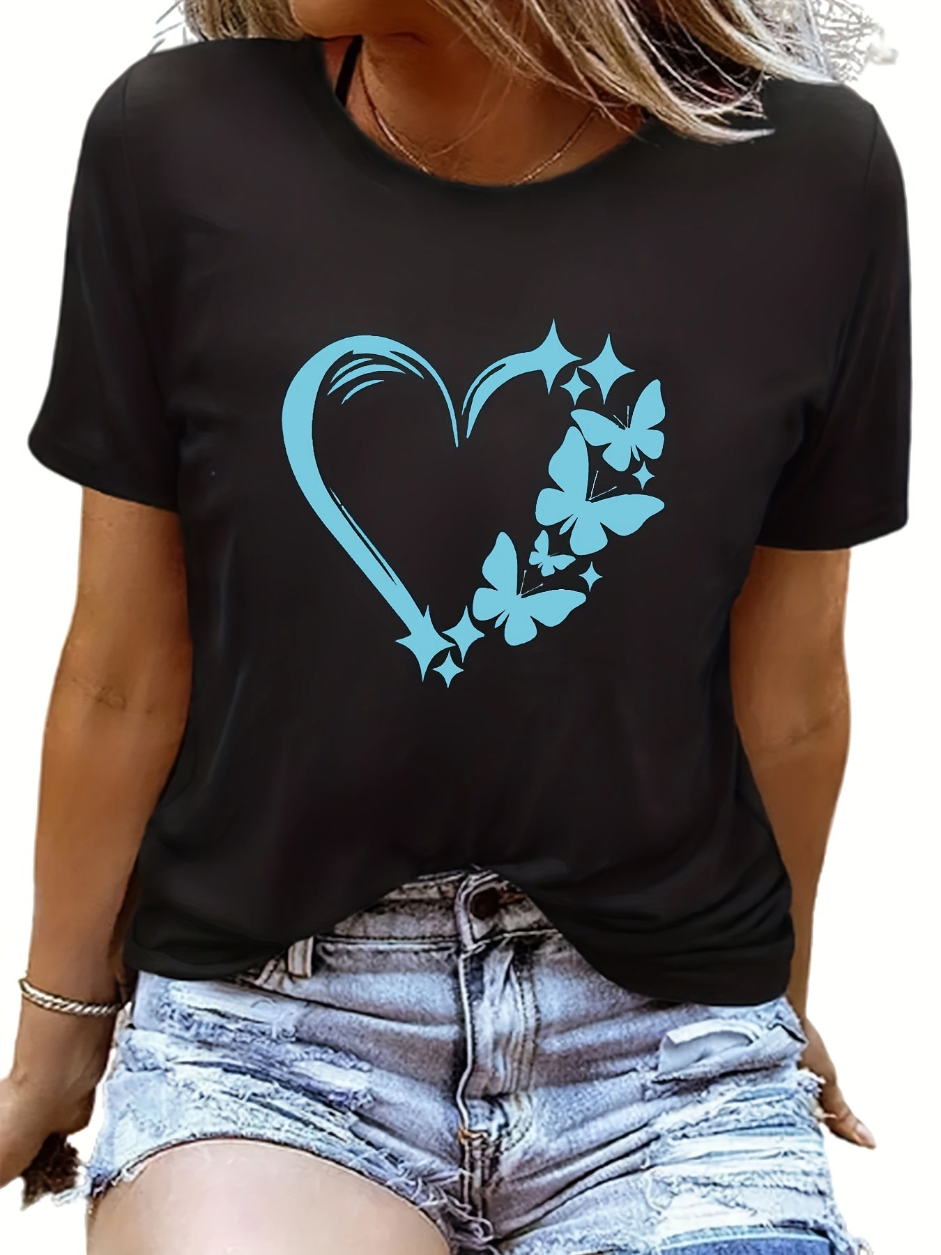 Butterfly & Heart Graphic T-shirts Crew Neck Short Sleeve Tee