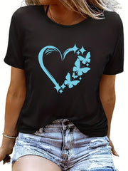 Butterfly & Heart Graphic T-shirts Crew Neck Short Sleeve Tee