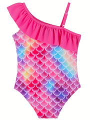 Girls' Mermaid Swimsuit with Fish Scale Graphic and Ruffled Trim