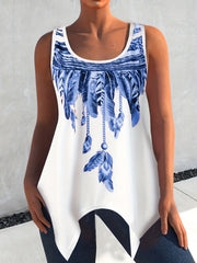 Feather Print Tank Top Round Neck Medium Stretch