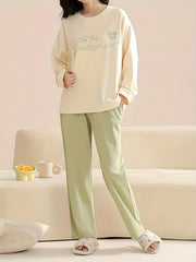 Letter Print Pajama Set Crew Neck Top & Elastic Waistband Pants