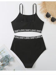 Letter Tape Crop Cami Top & Underwear Bikini Set