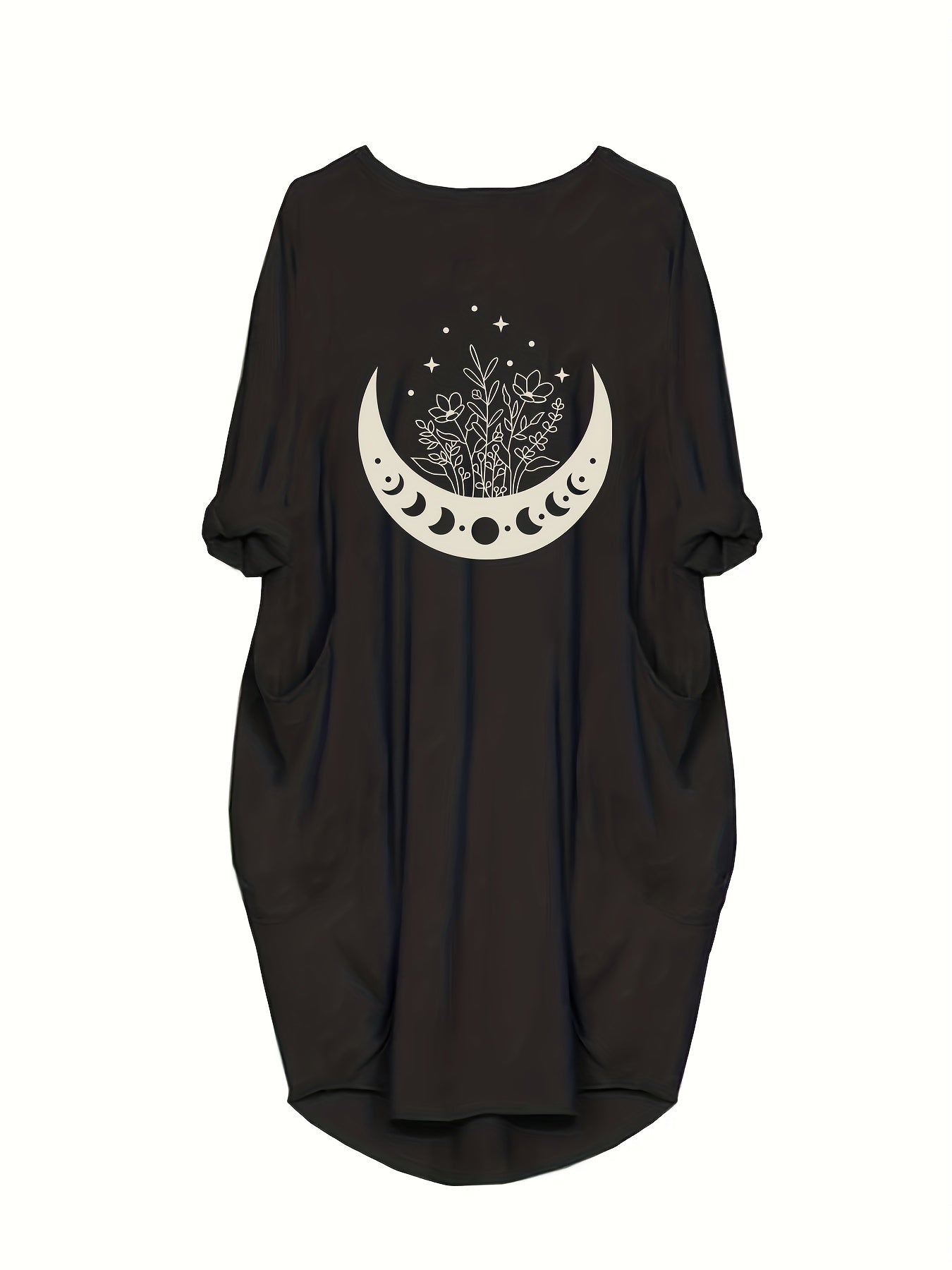 Women's Plus Moon & Sun Print Roll Up Sleeve Round Neck Dress