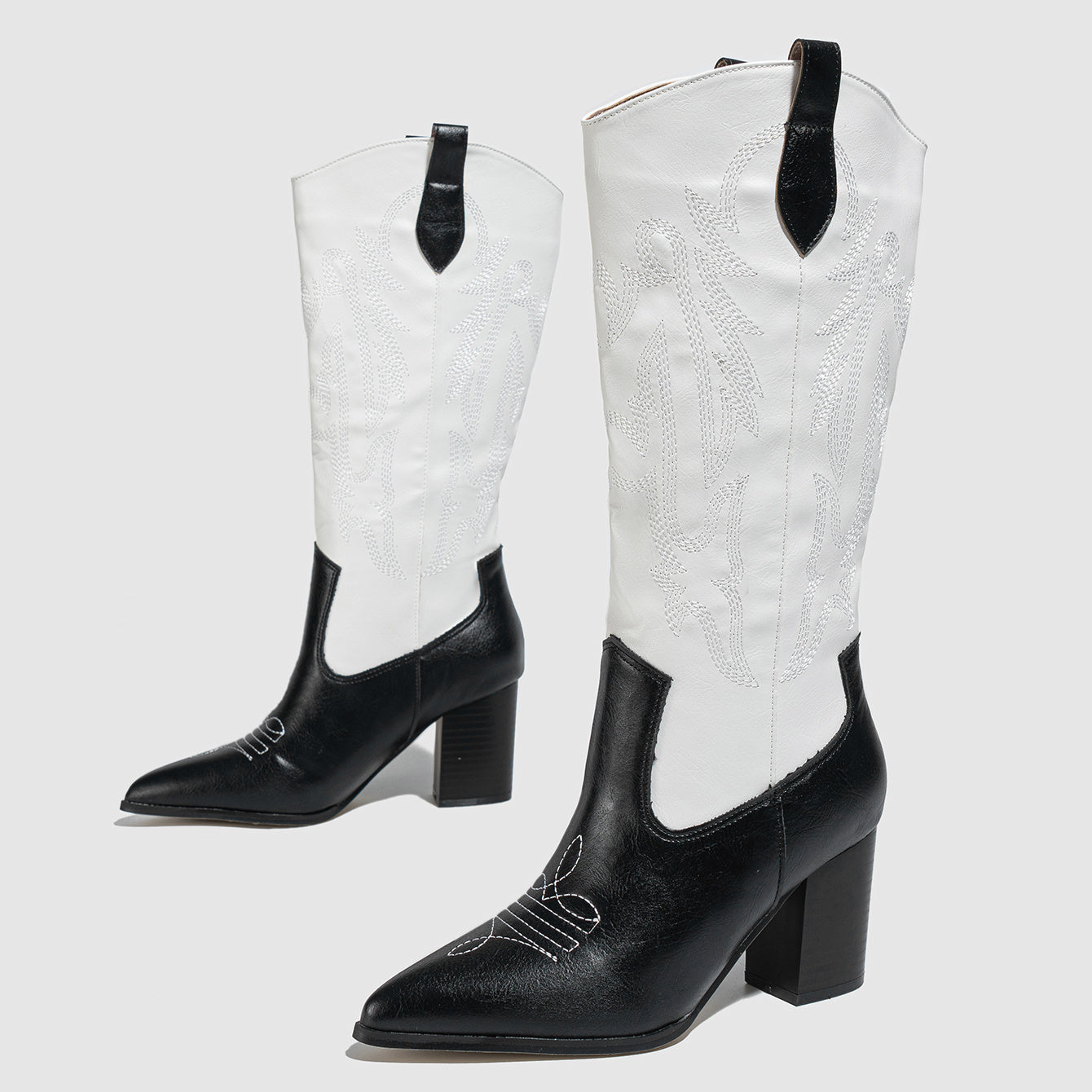 Embroidered Western Boots Point Toe Mid Calf Heel Shoes
