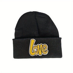 LOVE Sequin Decor Beanie Couple Knit Hat Lightweight Warm Skull Cap