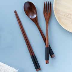3pcs Japanese Wooden Tableware Spoon Chopsticks Fork Set