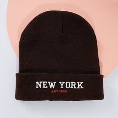 Solid Vintage Embroidered Knit Hat 'NEW YORK'