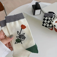 5 Pairs Floral & Plaid Print Socks Comfy Mid Tube Stockings