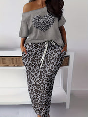 Leopard Heart Print Tee & Skirt Set
