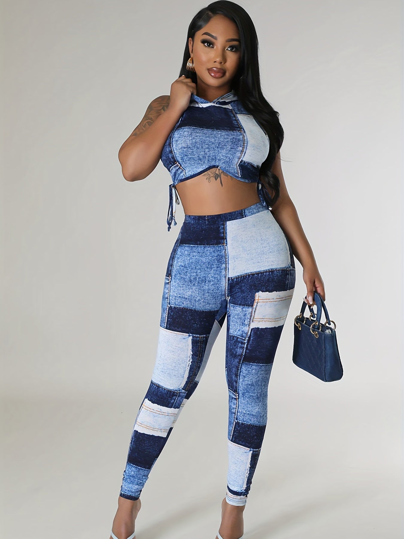 Denim Print Hooded Tank & Leggings Set