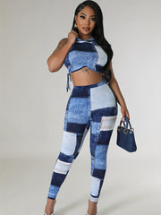 Denim Print Hooded Tank & Leggings Set