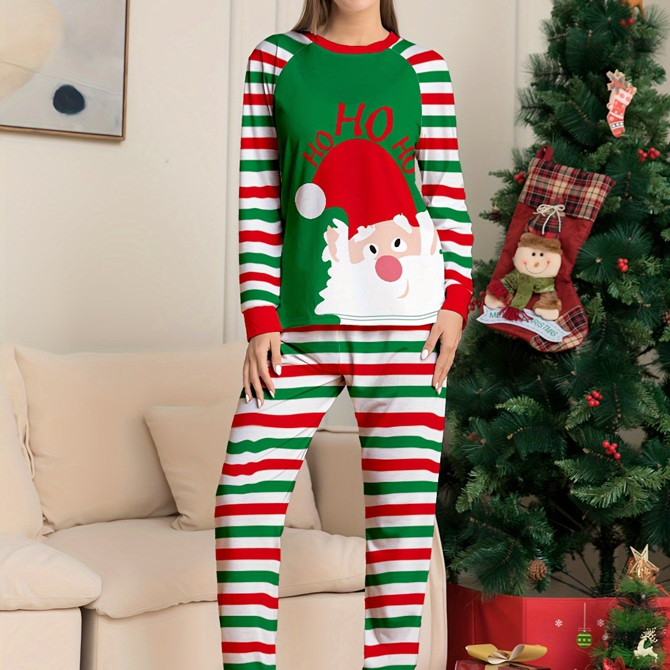 Cartoon Print Christmas Pajama Set Long Sleeve Crew Neck Top & Striped Pants