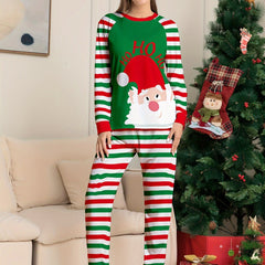 Cartoon Print Christmas Pajama Set Long Sleeve Crew Neck Top & Striped Pants