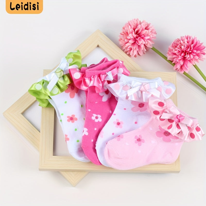 3 Pairs Baby Girls Ruffle Lace Flower Short Crew Socks Sweet Bow Dress Socks