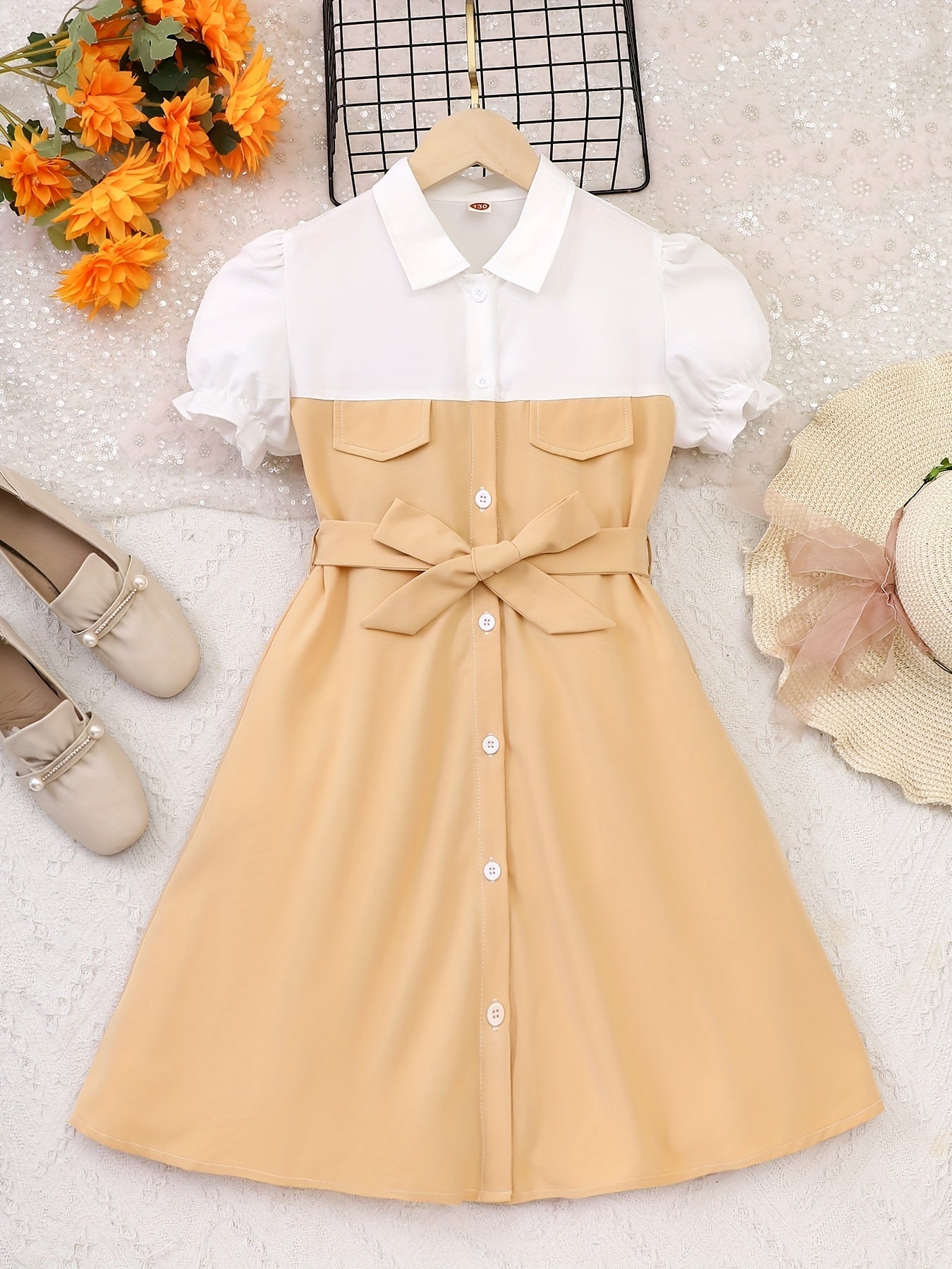 Toddler Girls Puff Sleeve Button Block Casual Belted Shirt Dress