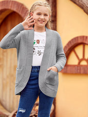 Girls Winter Cardigan Sweater With Fringes & Pockets, Ages 7-14