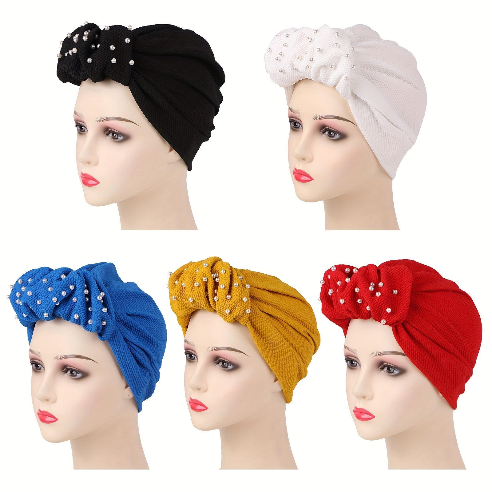 Faux Pearl Decor Turban Cap Embossed Pleated Head Wrap Elastic Beanie Headscarf