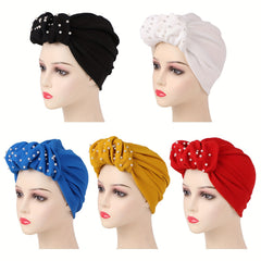 Faux Pearl Decor Turban Cap Embossed Pleated Head Wrap Elastic Beanie Headscarf