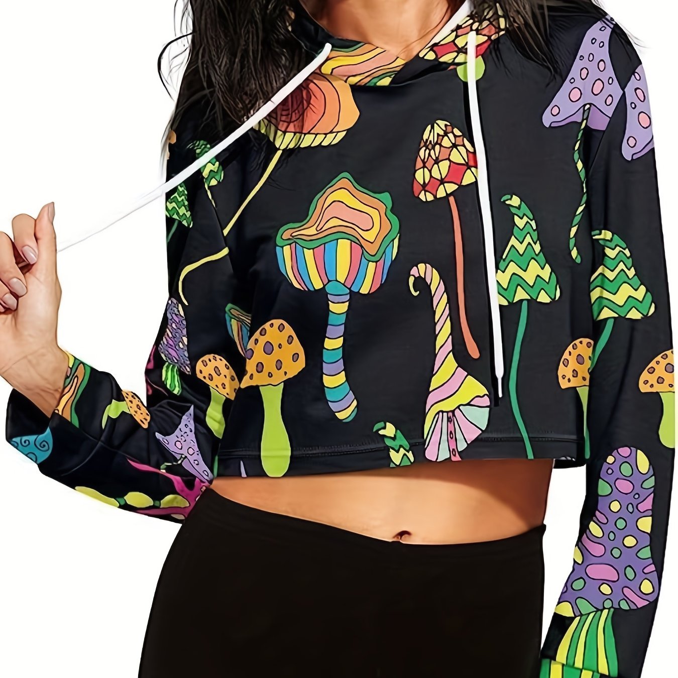 Women's Cropped Long Sleeve Mushroom Print Hoodie