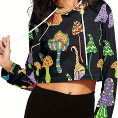 Women's Cropped Long Sleeve Mushroom Print Hoodie
