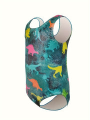 Girls Dino Pattern Sleeveless Gymnastics Suit for Sports Training
