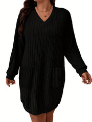 Ribbed V Neck Sweater Dress Long Sleeve Mini Dress