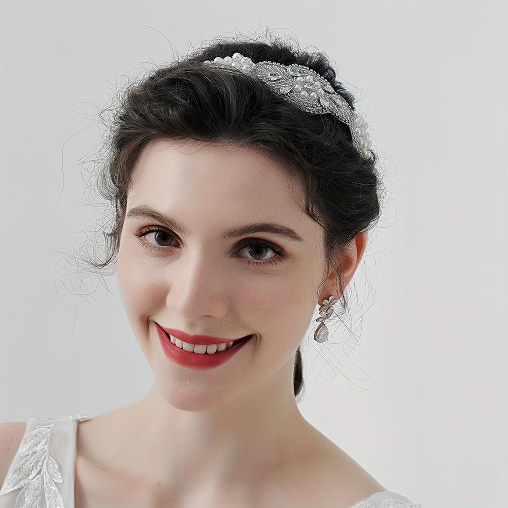 Retro Fabric Headband Faux Pearl Rhinestone Head Jewelry