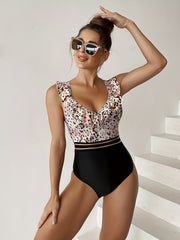 Leopard Print One Piece Swimsuit V Neck Ruffle Contrast Mesh Bathing Suit