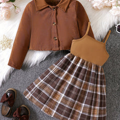 Girl's Plaid Pattern Sundress & Corduroy Jacket Set for Spring Autumn