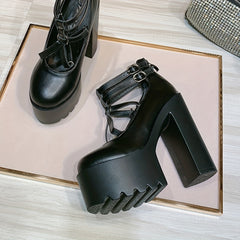 Closed Toe Buckle Strap Platform Pumps Solid Heels