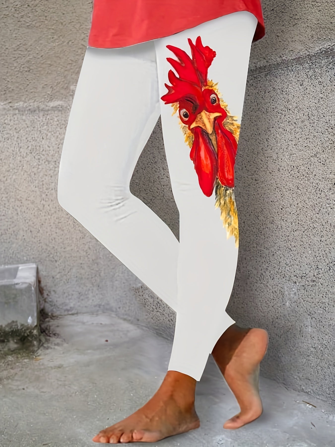 Rooster Print Skinny Leggings Casual Stretchy Leggings Women's Clothing