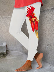 Rooster Print Skinny Leggings Casual Stretchy Leggings Women's Clothing