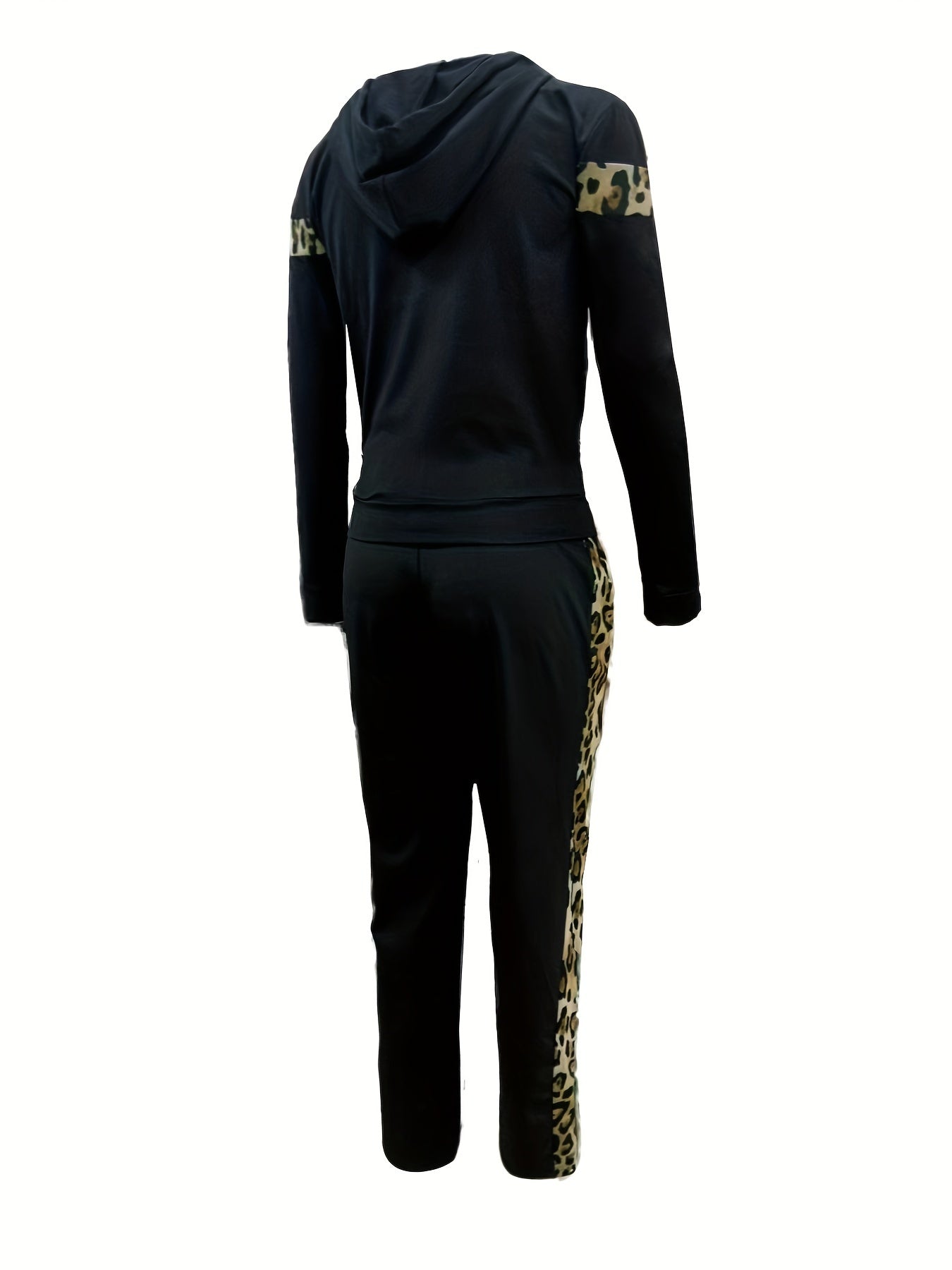 Leopard Print Casual Two piece Set Hooded Tops & Long Length S