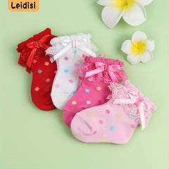 3 Pairs Baby Girls Lace Ruffled Socks Bowknot Decoration