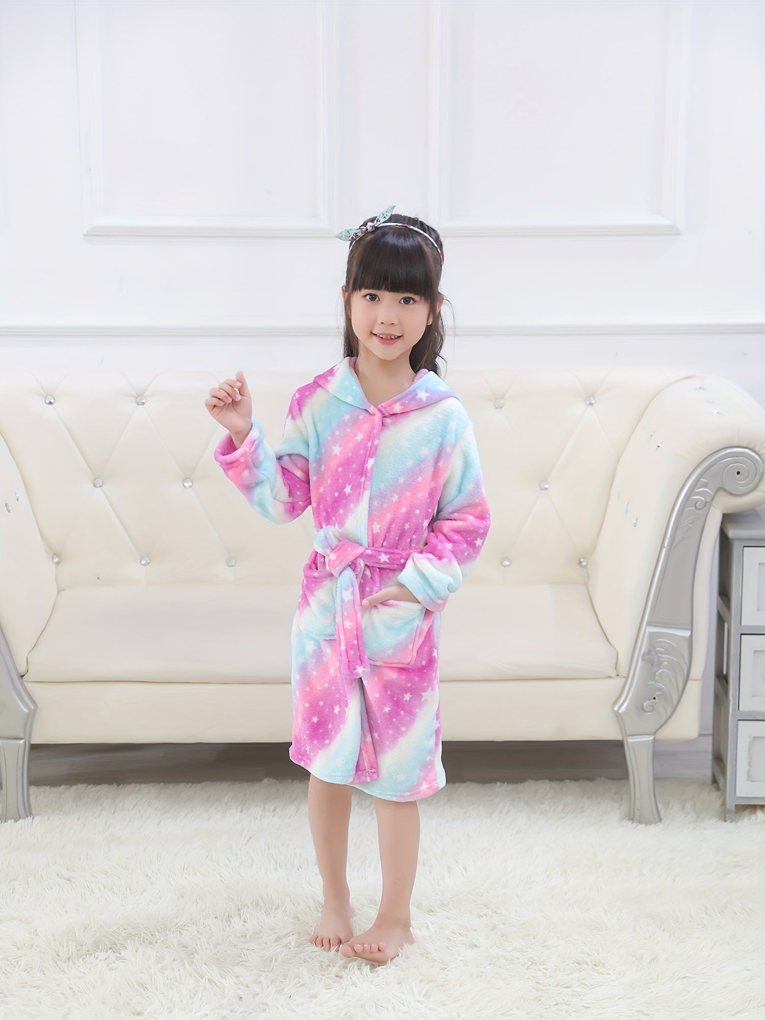 Girls Flannel Hooded Bathrobe Kids Robes Cartoon Patterned Soft Sleepwear