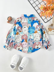 Cartoon Kitty Allover Collared Long Sleeve Shirt for Kids