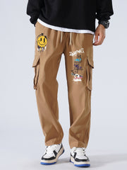 Smiling Face And Butterfly Men's Casual Cargo Pants For Spring And Fall