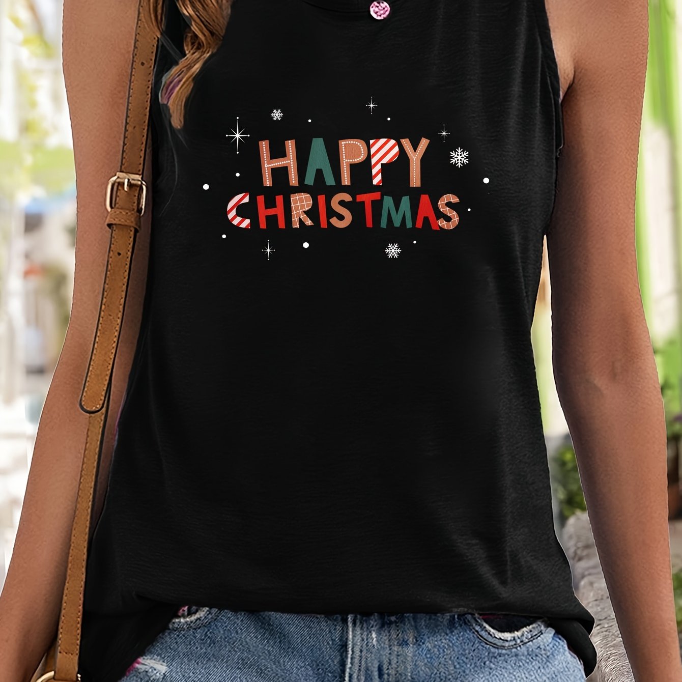 Christmas Print Tank Top Sleeveless Slim Fitted Pullover Top