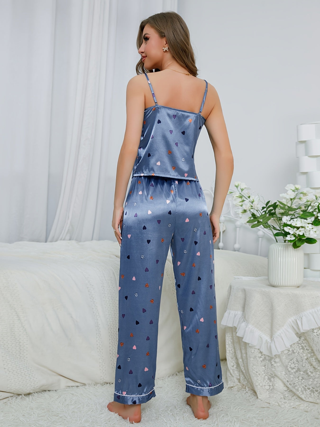 Heart Print Pajama Set V Neck Cami Top & Elastic Waistband Pants