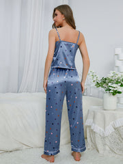 Heart Print Pajama Set V Neck Cami Top & Elastic Waistband Pants