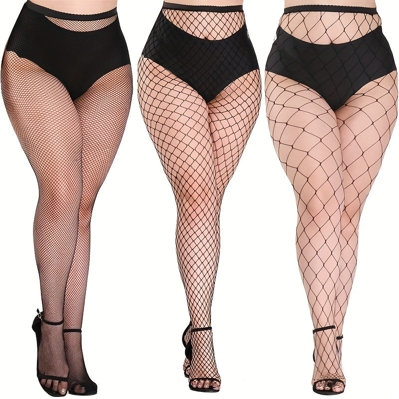 3 Pairs Plus Size Sexy Stockings Set Solid Hollow Out Fishnet Tights