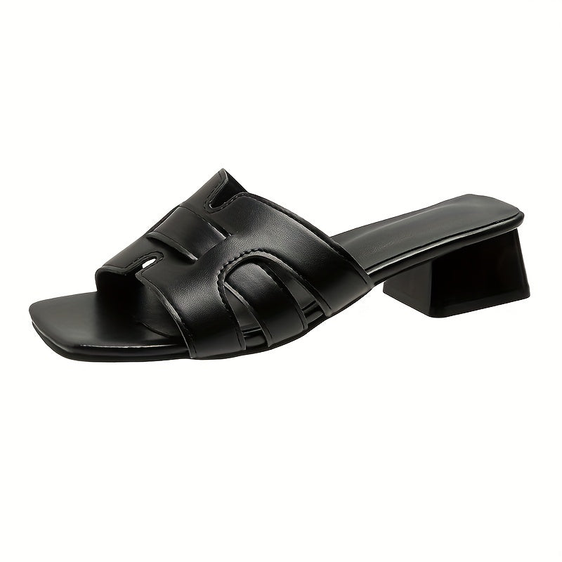 Low Heeled Sandals Square Open Toe Slip On Chunky Heeled Slide Sandals