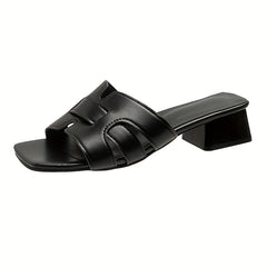 Low Heeled Sandals Square Open Toe Slip On Chunky Heeled Slide Sandals