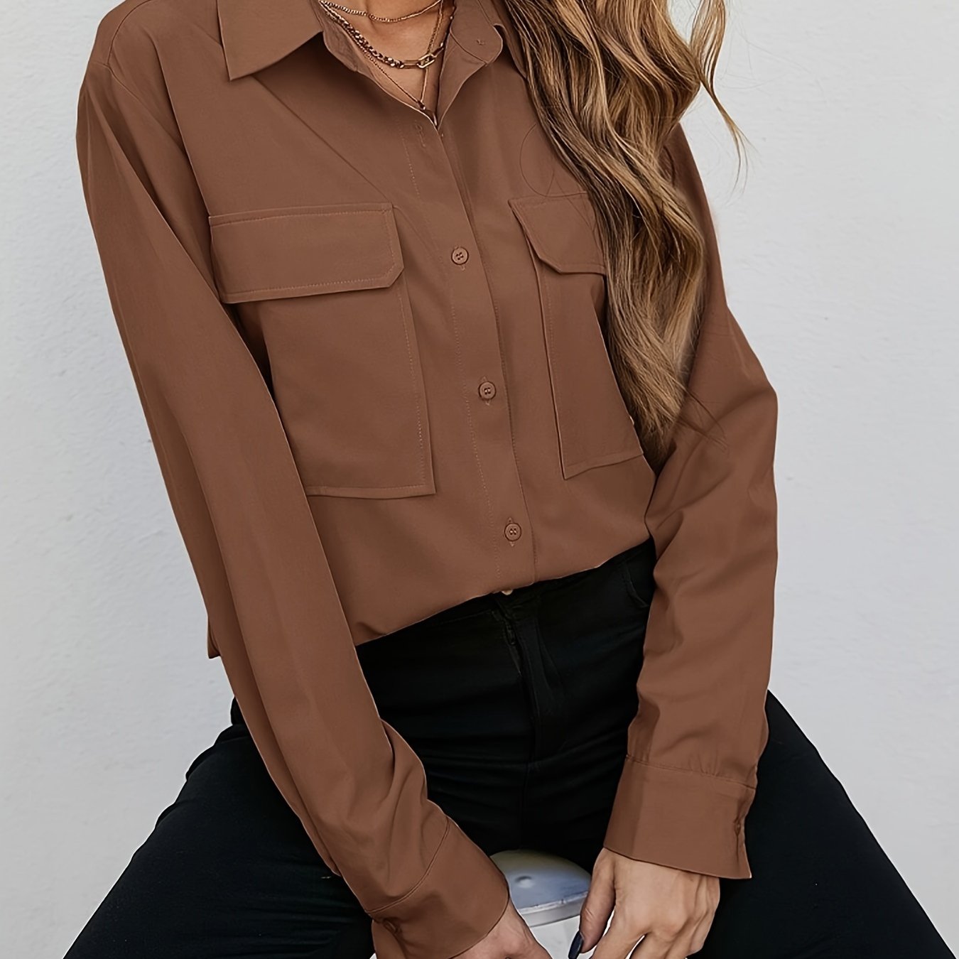 Solid Long Sleeve Button Up Collar Shirt Top