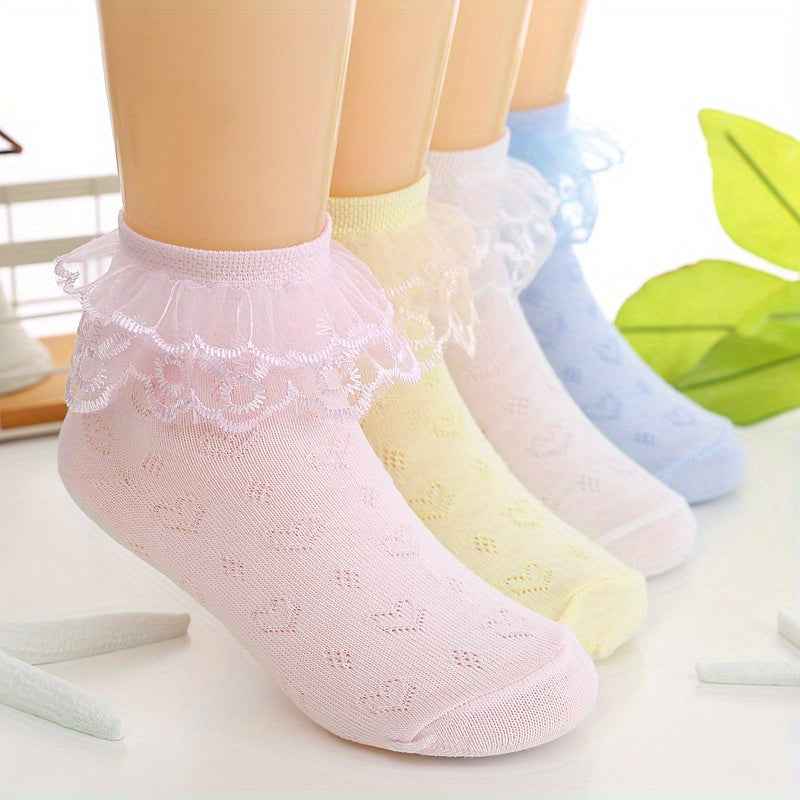 4 Pairs Kids' Heart Lace Crew Socks, Breathable Thin, Boys Girls