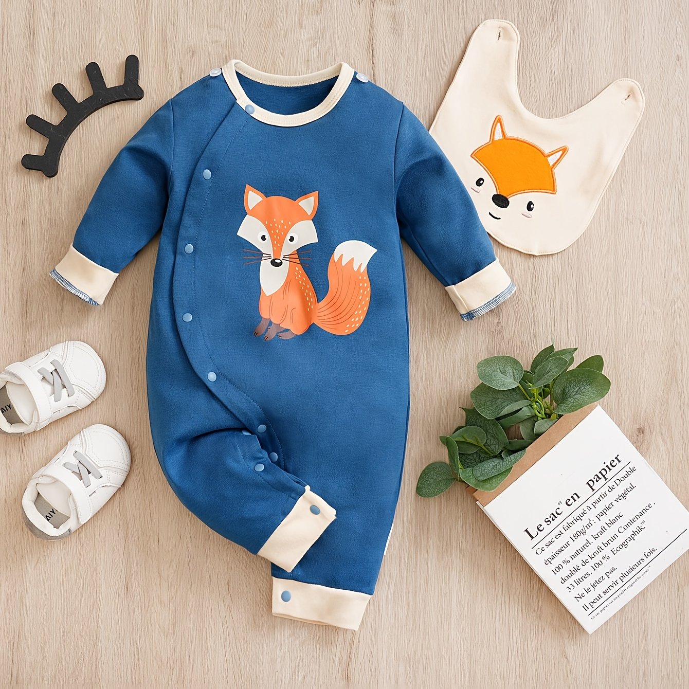 Fox Pattern Cotton Baby Jumpsuit with Bib