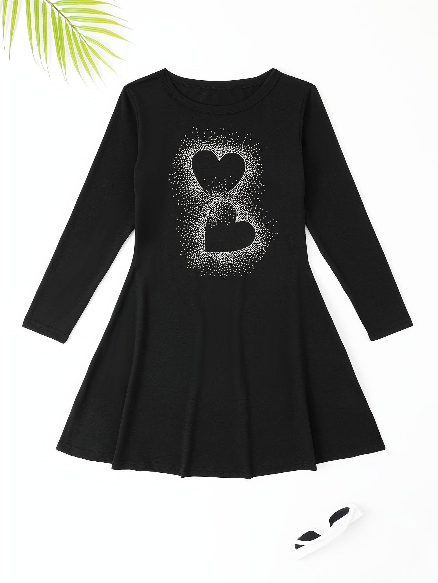 Heart Graphic Long Sleeve Dress Girls Crew Neck Dresses For Party Gift