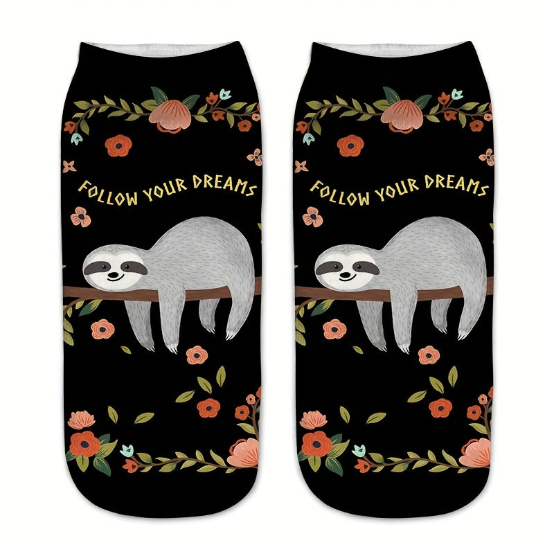 Cute Sloth Print Socks for Women 5-Pack Low Cut Stockings